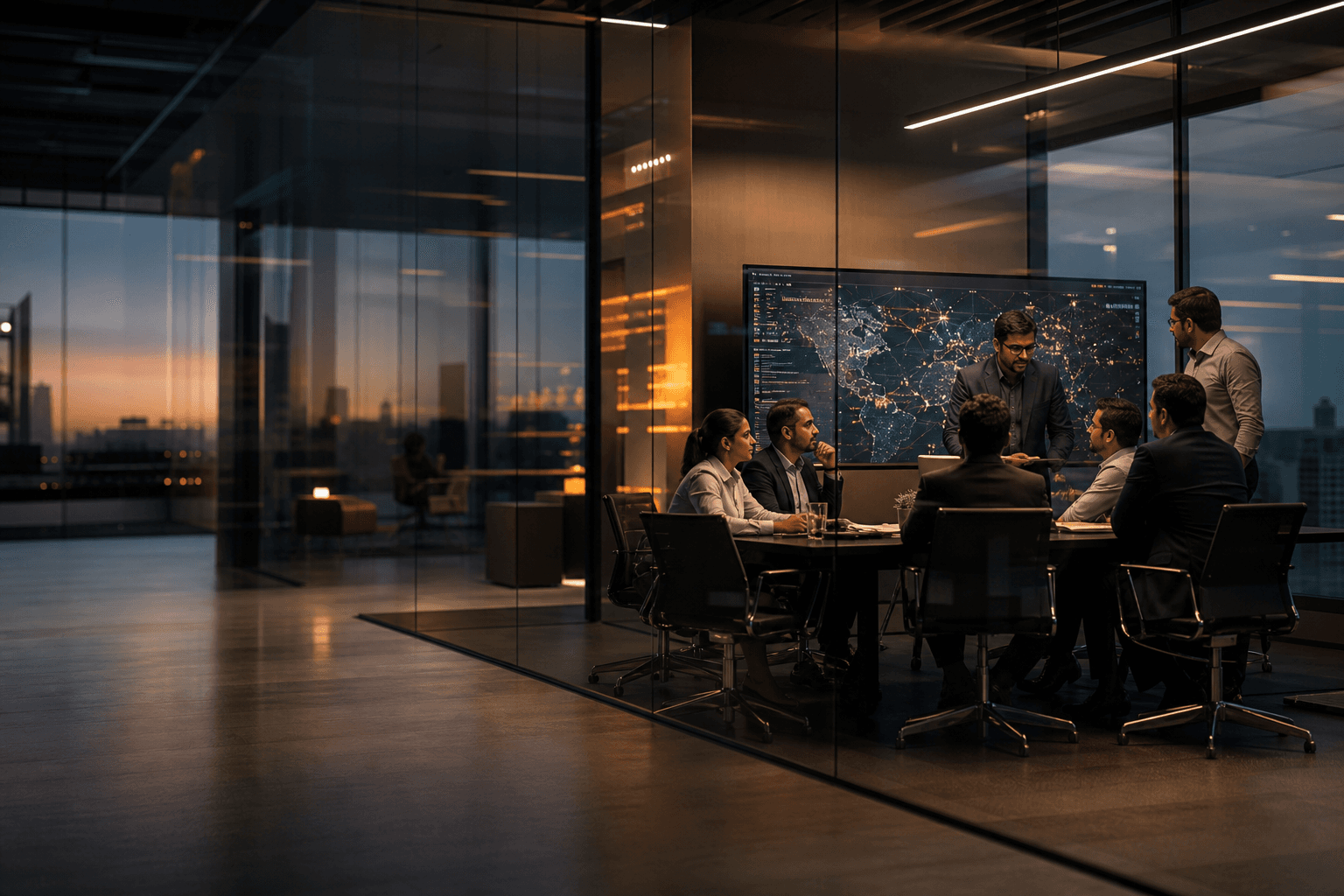 Business leadership team reviewing an operational intelligence system