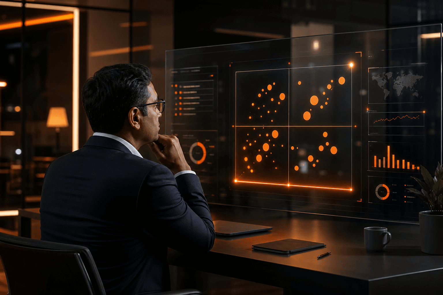 Executive team reviewing an AI opportunity matrix on dashboard screens