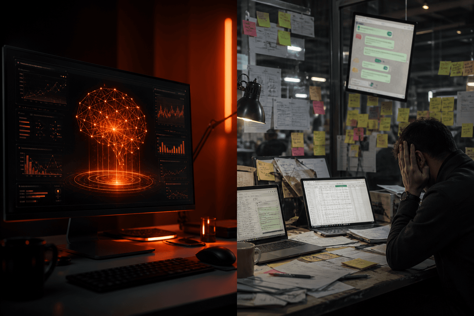 Contrast between an AI demo screen and real business operations with documents and messages